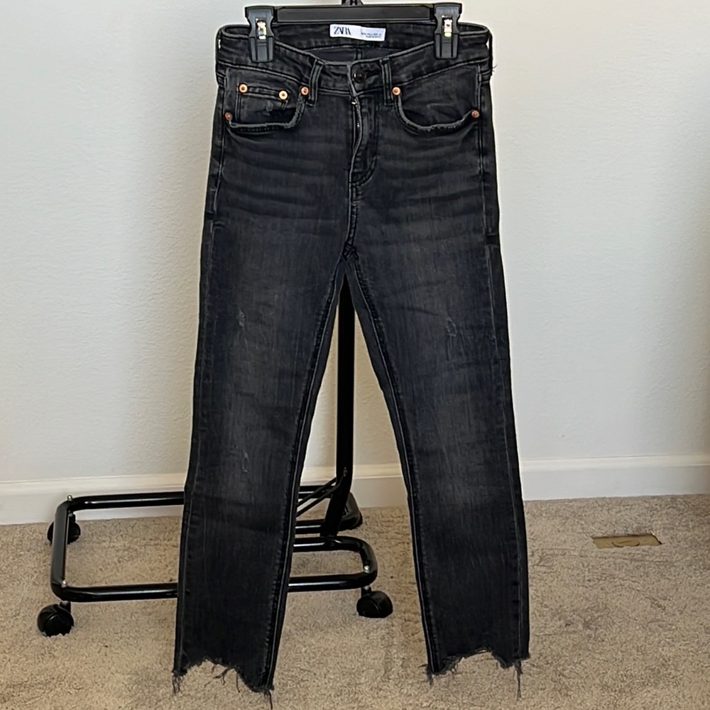 Zara Faded Black Raw Hem Skinny Jeans